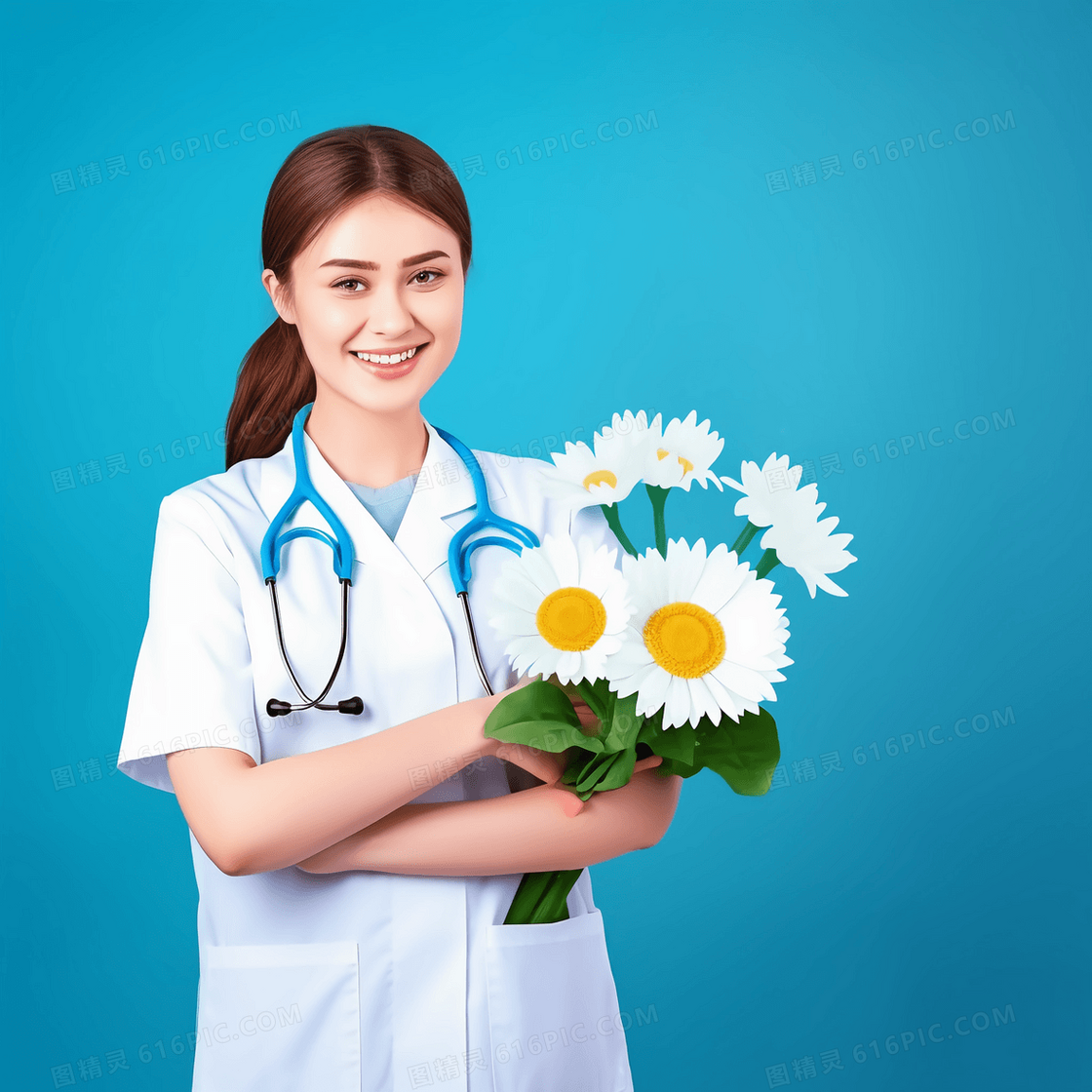 长相甜美的护士穿着工作服手捧鲜花开心的笑