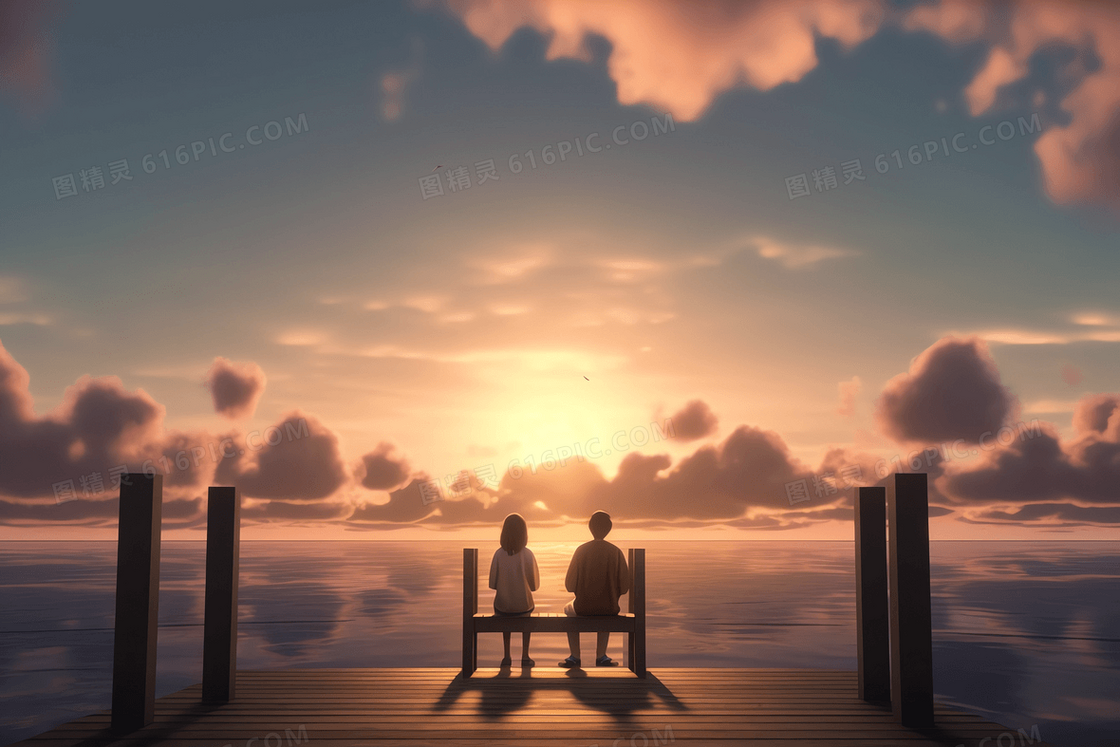 坐在海边观景台看日落的情侣