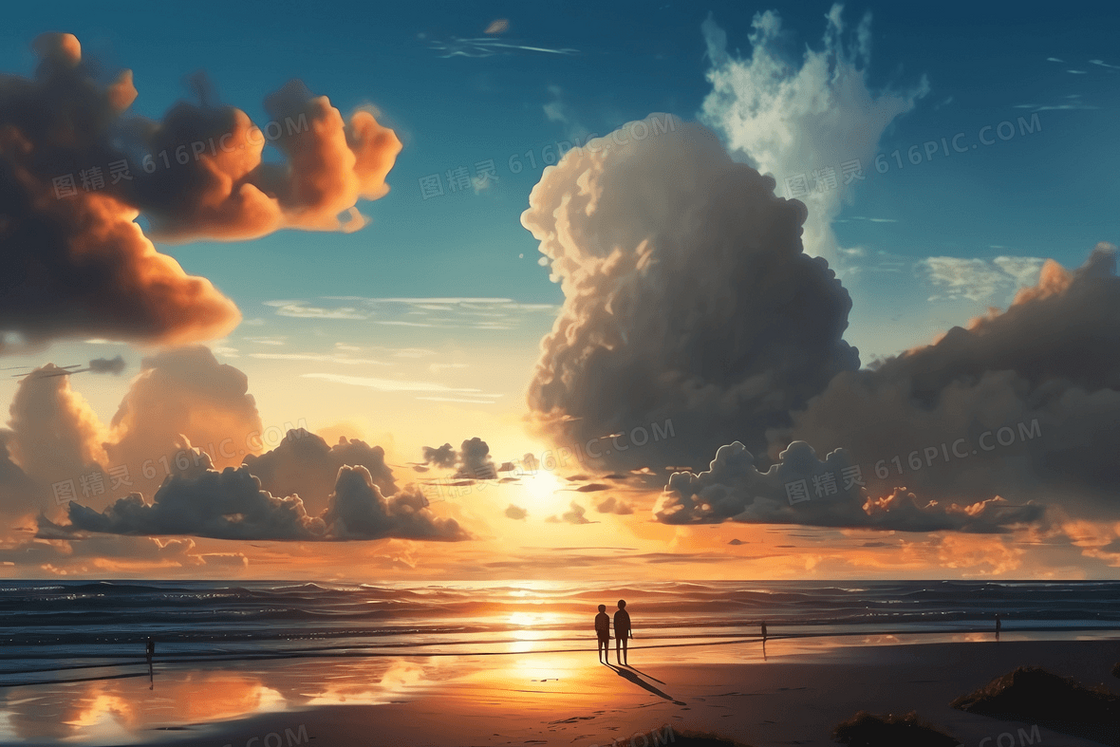 两人牵手在海边看夕阳插画