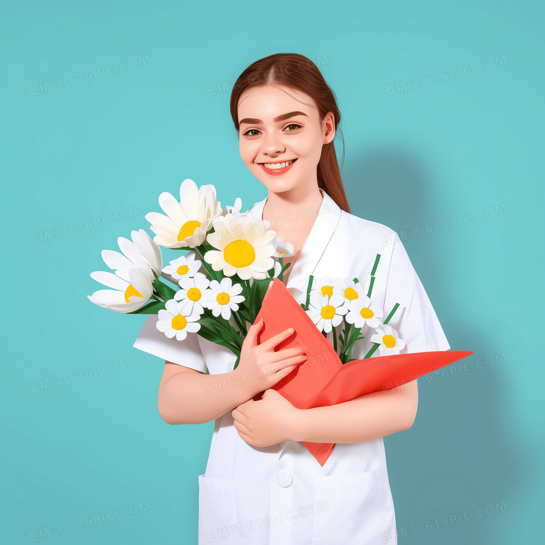 外国护士捧着鲜花开心的微笑