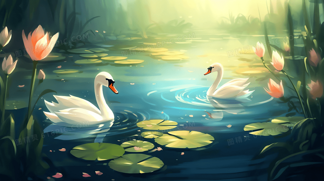 两只唯美的白天鹅在荷花池中