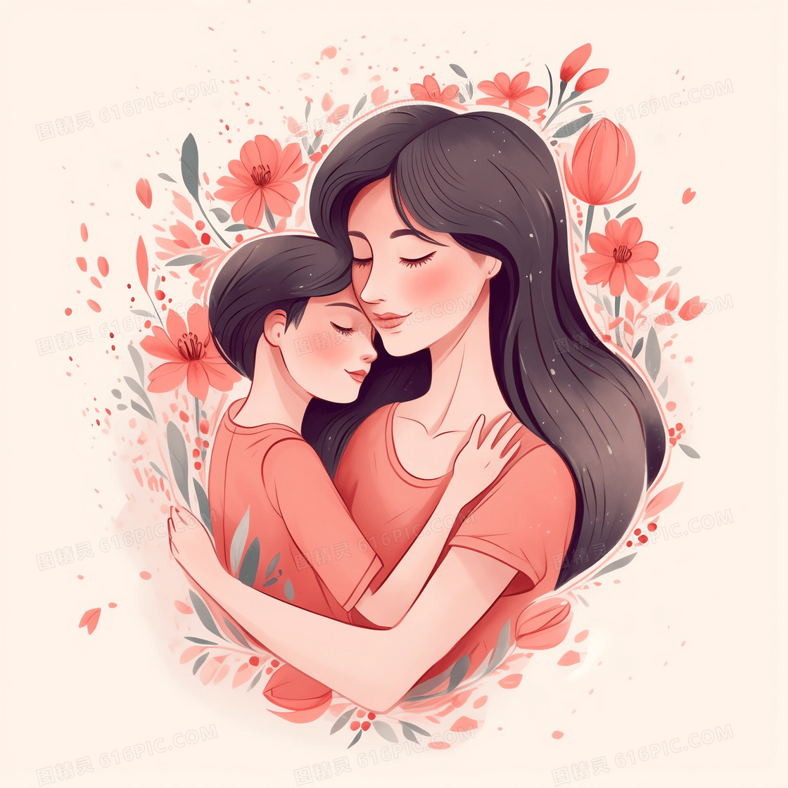粉色卡通风妈妈怀抱着女儿沐浴在花丛中