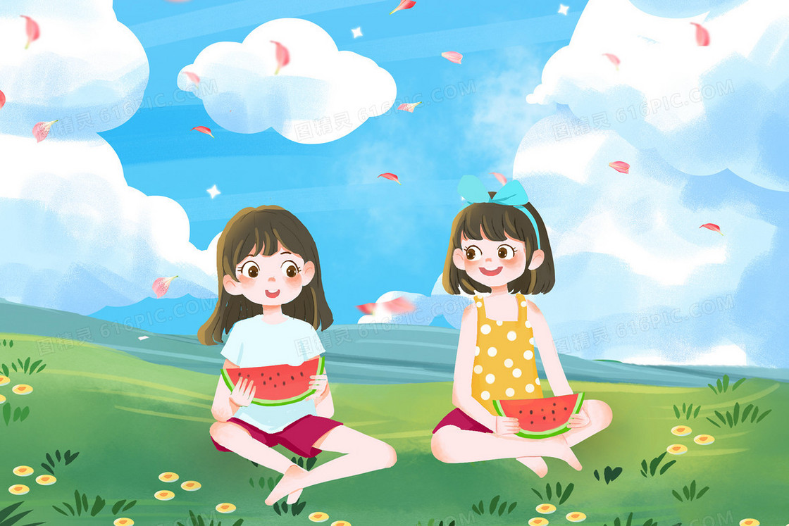 清新夏日蓝天草地女孩吃西瓜