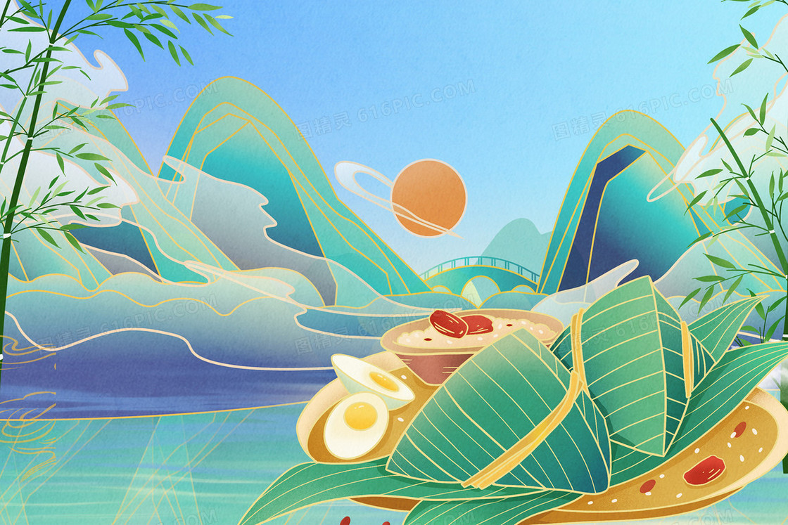 绿色国潮风格端午节节日插画