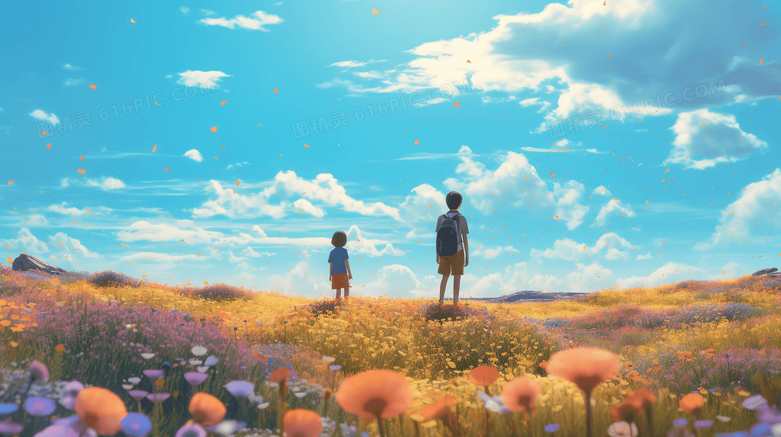 两个人站立在蓝天下的花海中