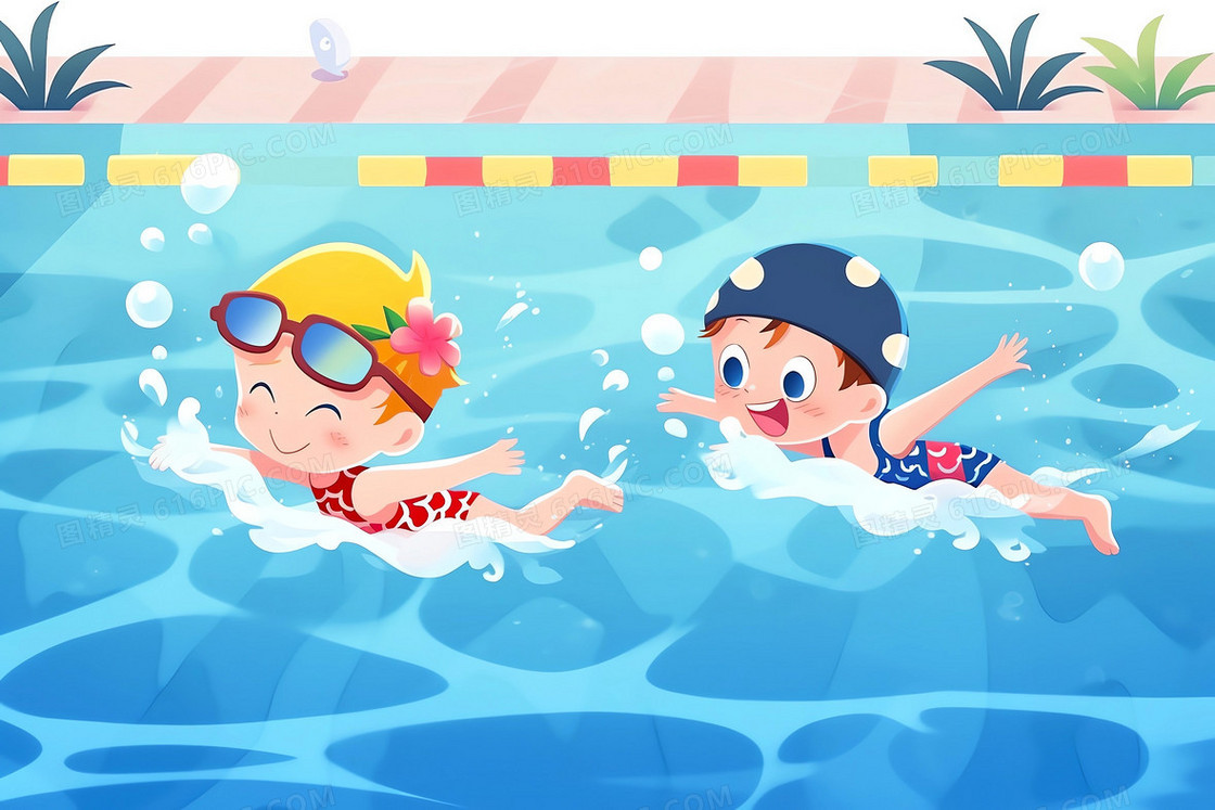 卡通风两个可爱的小朋友在泳池学习游泳插画
