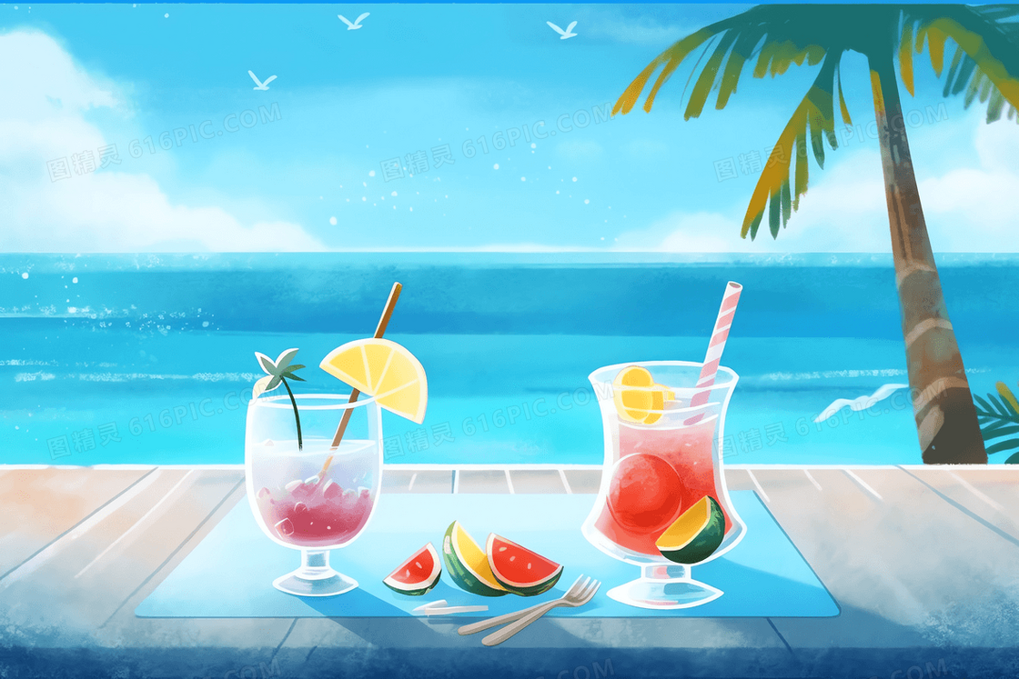 卡通风夏日炎炎棕榈树下摆着两杯果汁插图