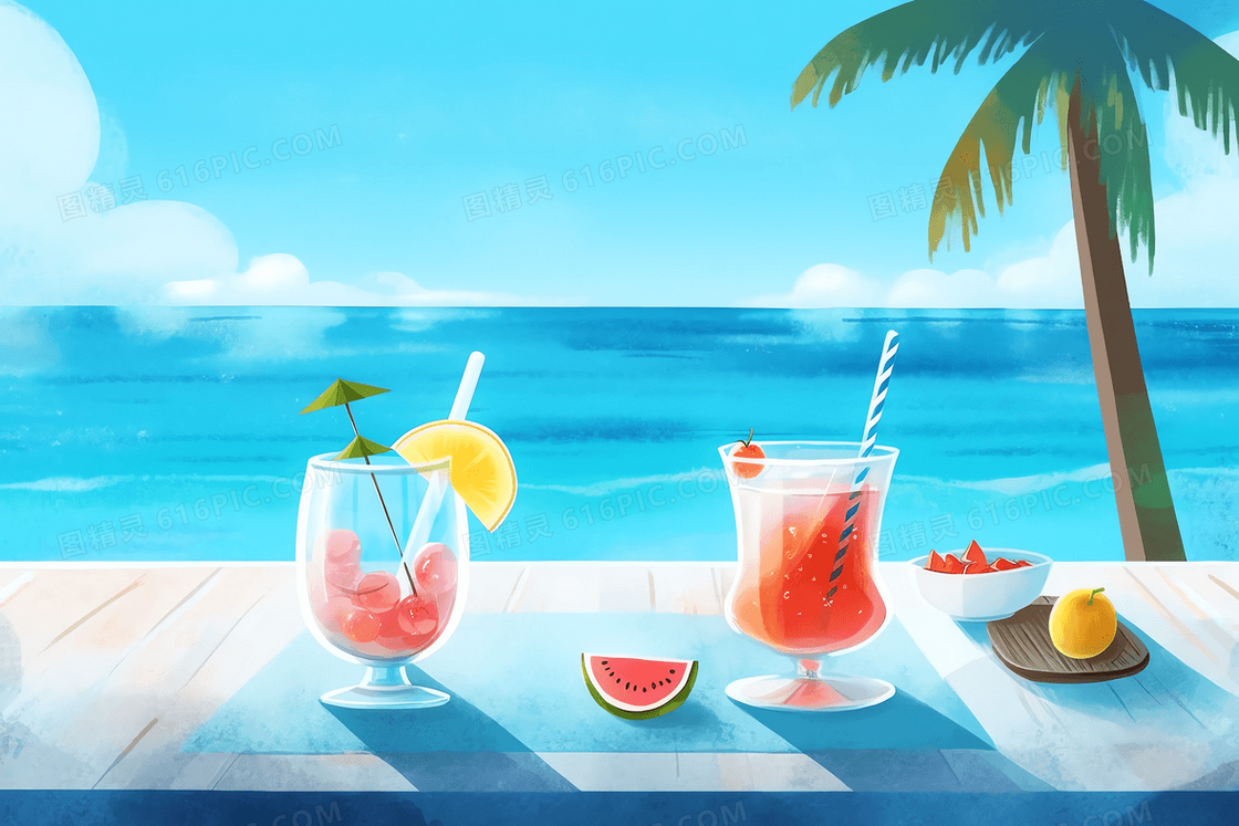卡通风海边度假棕榈树边摆着两杯果汁插图