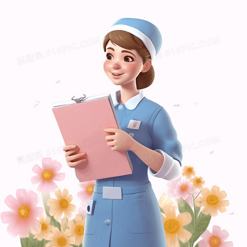 穿着蓝色护士服的护士拿着病历本3D模型插画