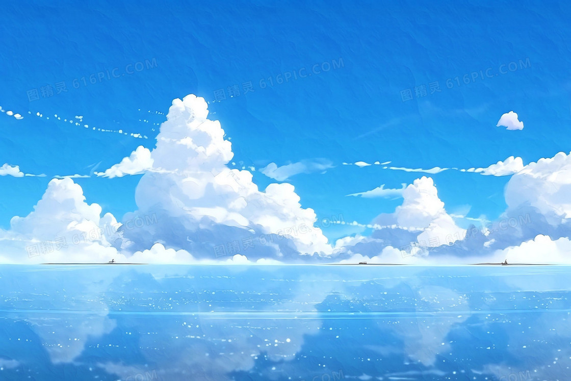 漫画风云朵飘荡在蓝天倒映水面背景图