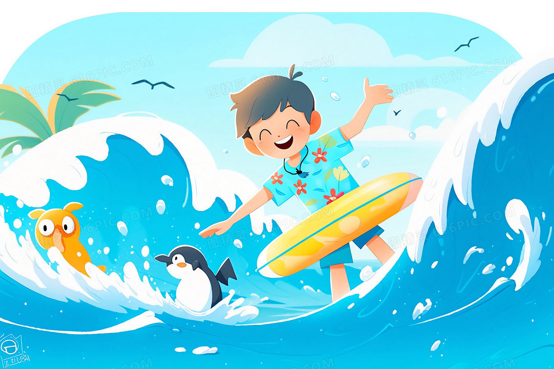 卡通风小男孩在戴着泳圈在浪花翻涌的海里玩水插画