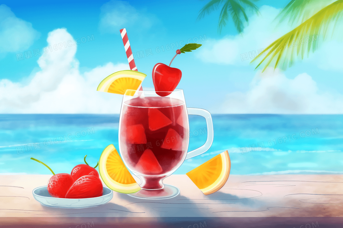 卡通风海边度假果盘果汁插图