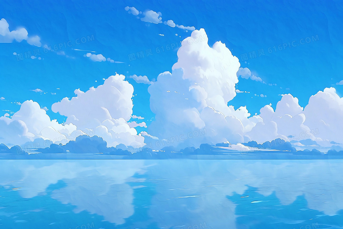 漫画风海平面上云朵升起倒映水面背景图