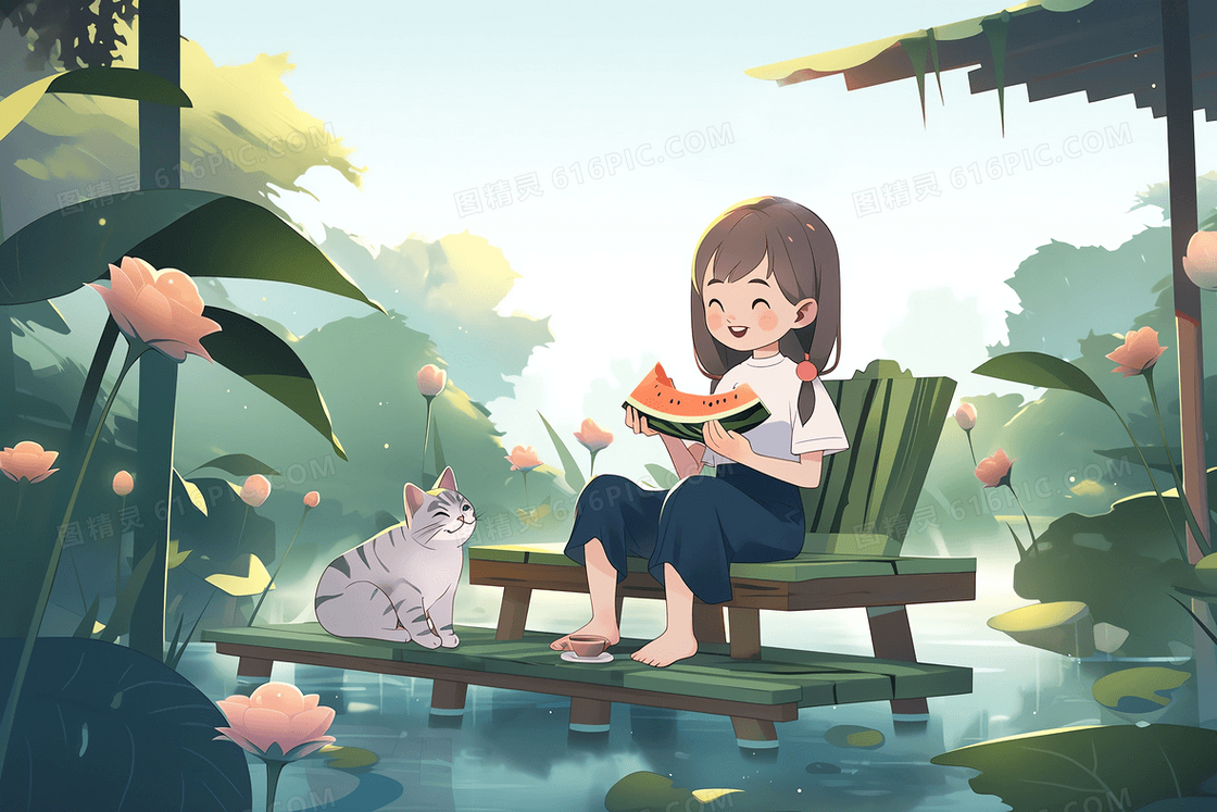 卡通风夏日荷塘丸子头小女孩笑着坐在池塘边和猫猫吃西瓜插图 