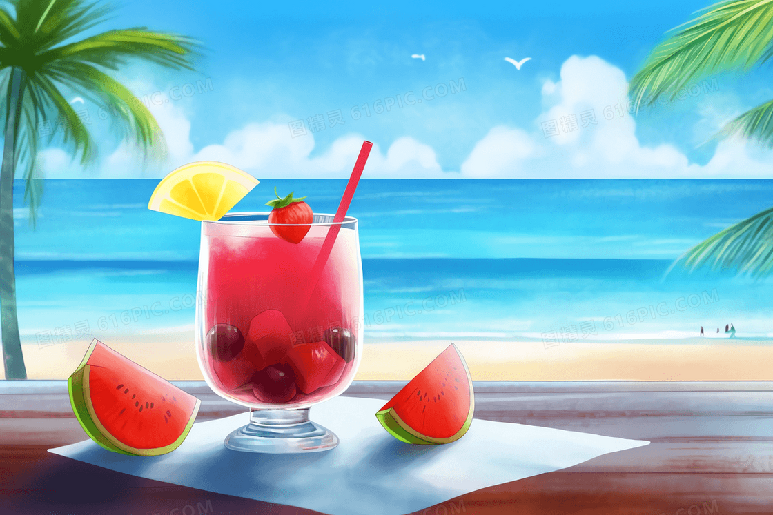 卡通风夏日海边荫凉下摆着西瓜和果汁插图