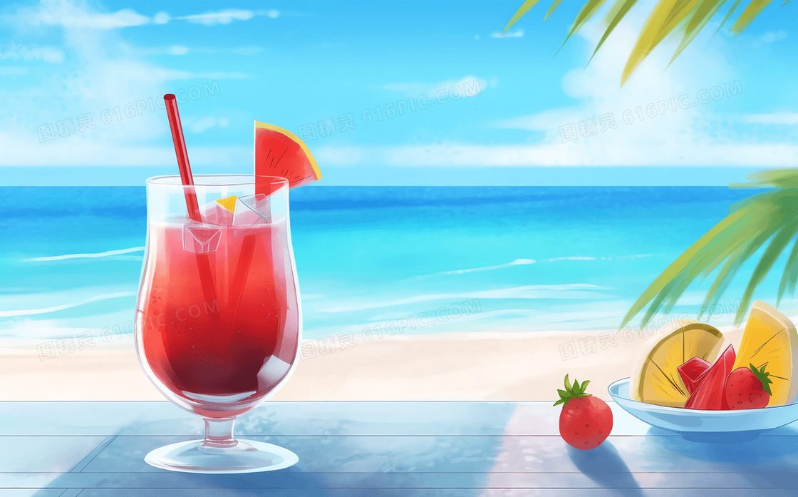 卡通风夏日海边树荫下摆着果汁和果盘插图