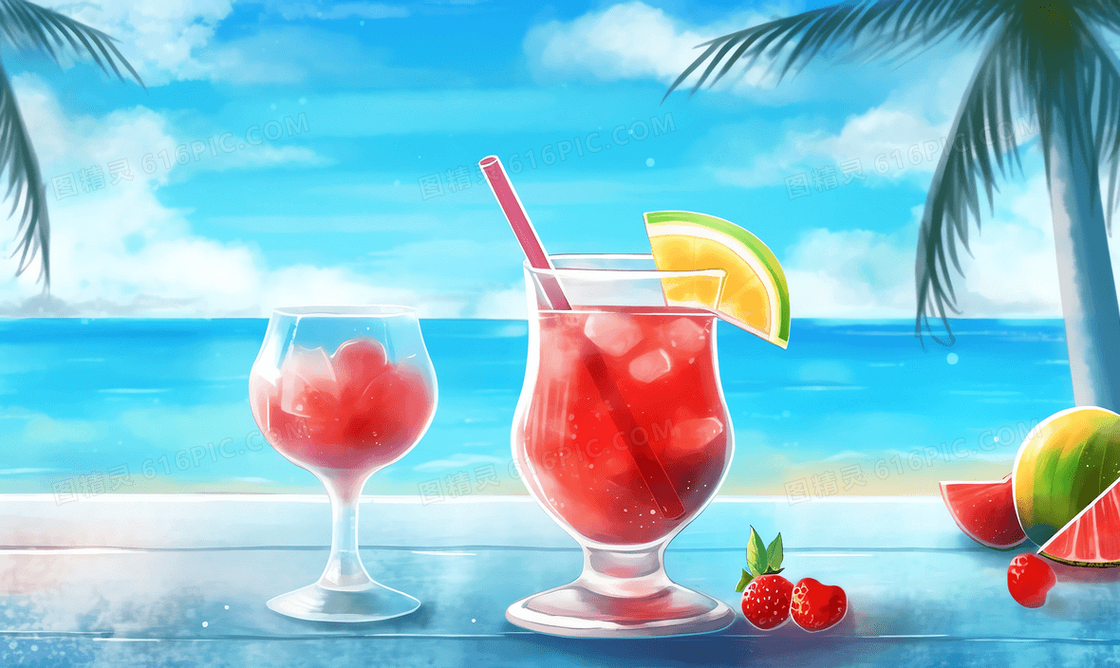 卡通风海边度假摆着两杯果汁插图