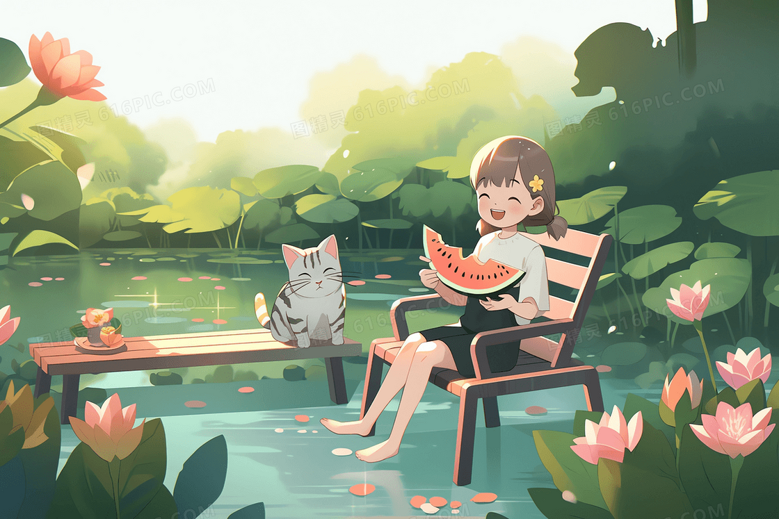 卡通风小女孩和猫猫在莲花池笑着吃西瓜插图