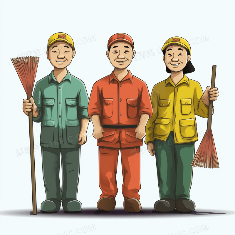 卡通风三个拿着扫帚的环卫工人劳动最光荣插图