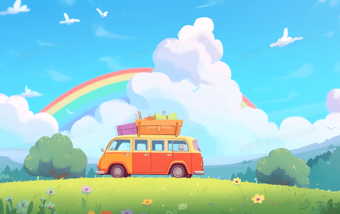 清新卡通彩色巴士载着行李停在蓝天白云下的草坪上插图  