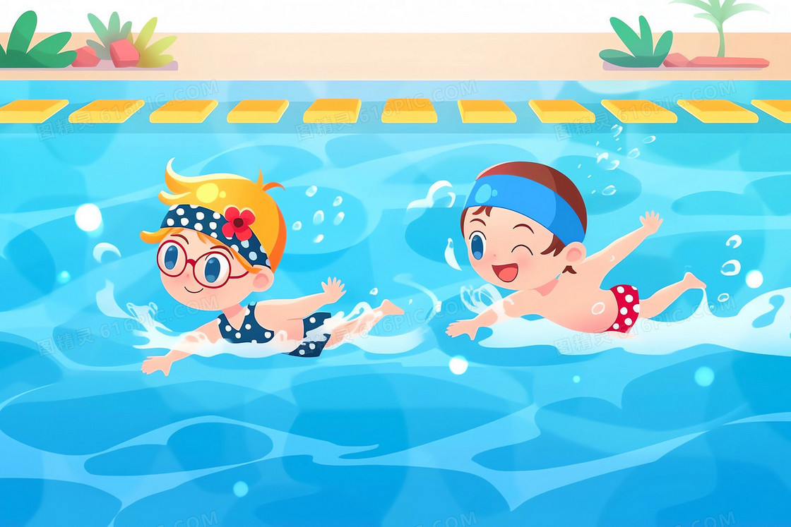 卡通风两个小孩在水中开心的游泳插画
