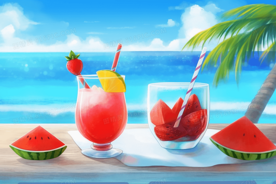 卡通风海边的沙滩上有一杯果汁和水果捞插图