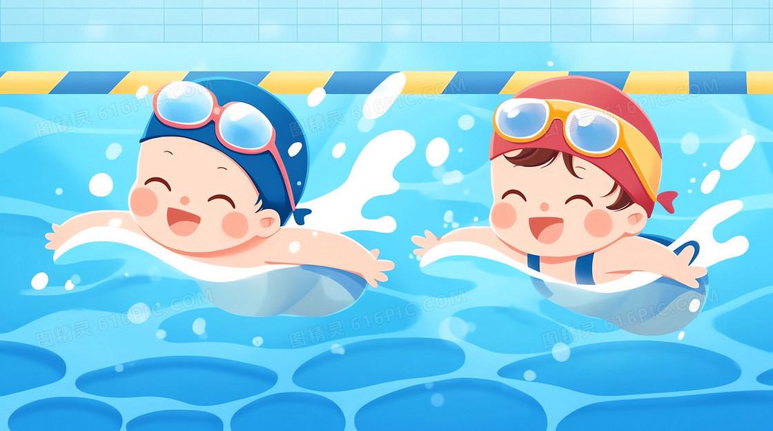 卡通风两个小朋友在泳池开心的游泳插画