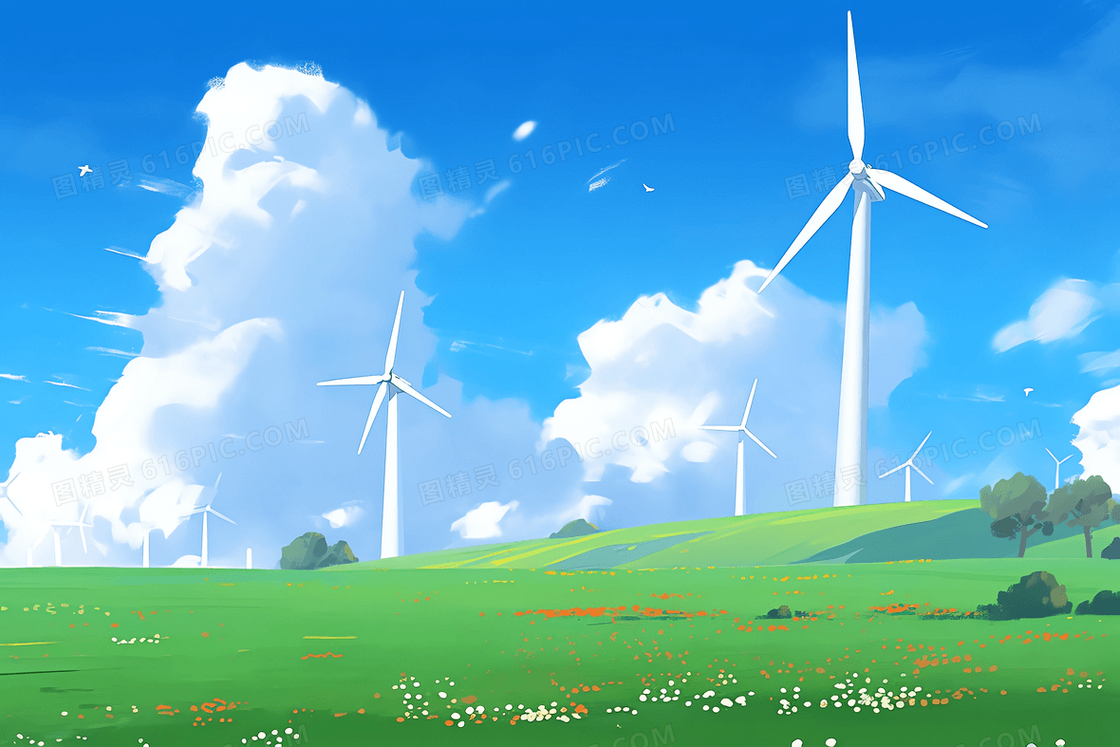 清新风草原上的小花与蓝天白云和风车插图