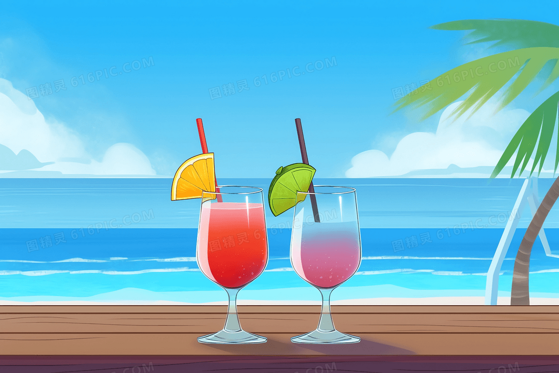 卡通风海边度假远处是海平面近处是两杯果汁插图