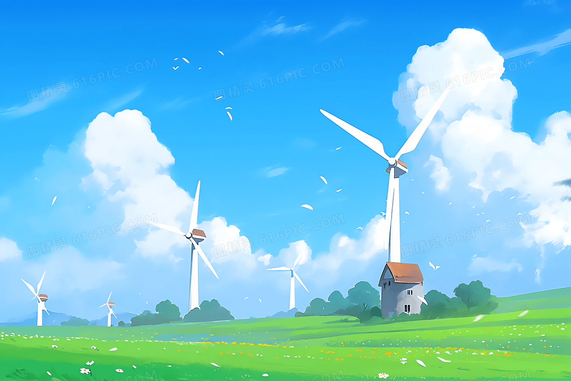 清新风蓝天白云下的绿色草原和雪白风车插图