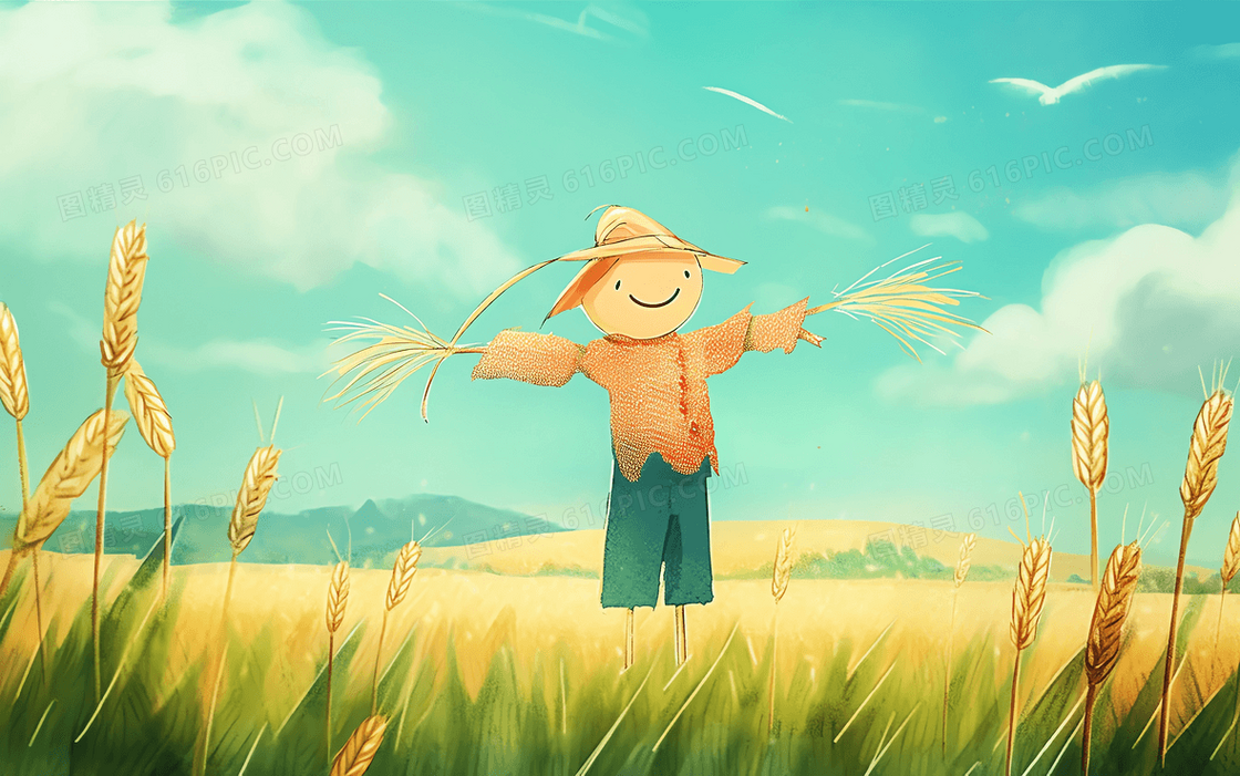 卡通风稻草人在麦田里晒太阳插图