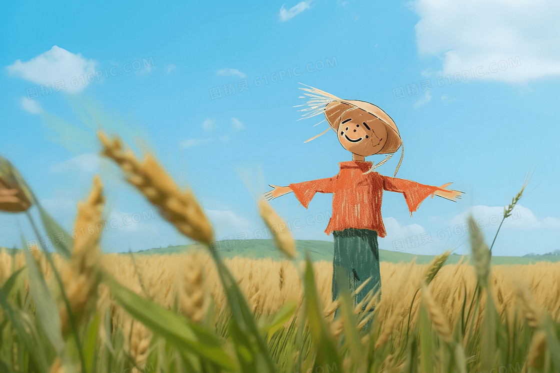 卡通风在麦田里笑着的稻草人插图
