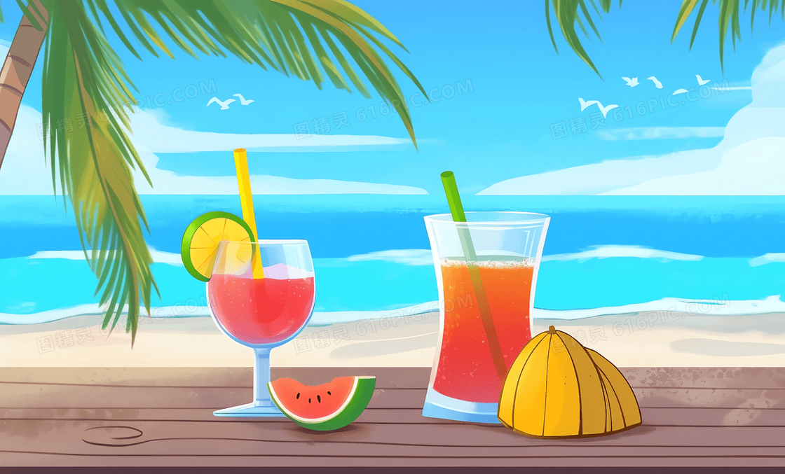 卡通风海边度假两杯果汁插图