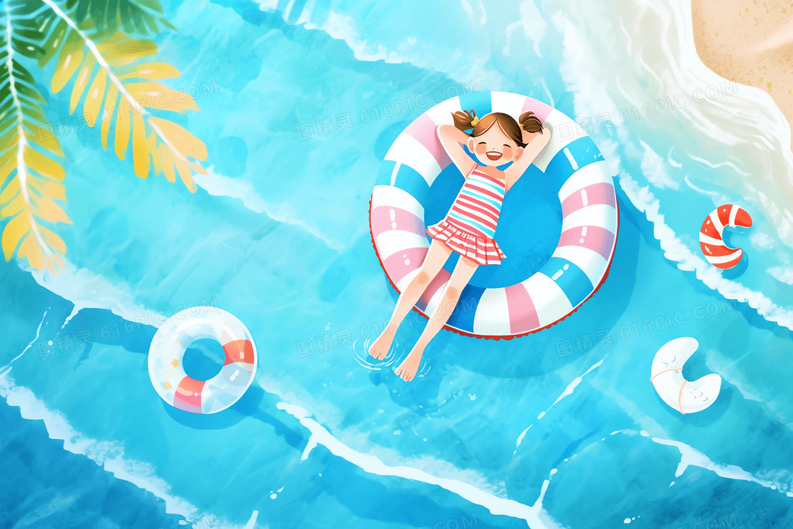 卡通风海浪轻拂的海边一个小女孩躺在游泳圈上插画