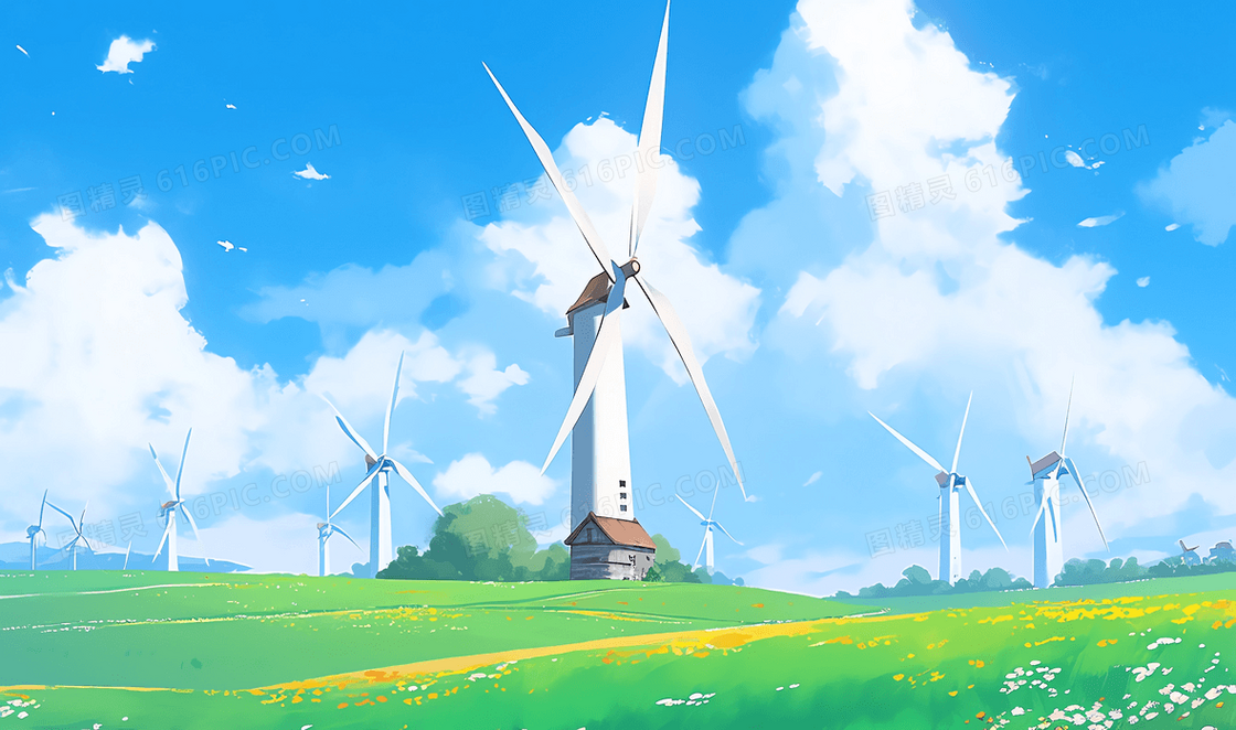 清新风风车与草原上的小花插图