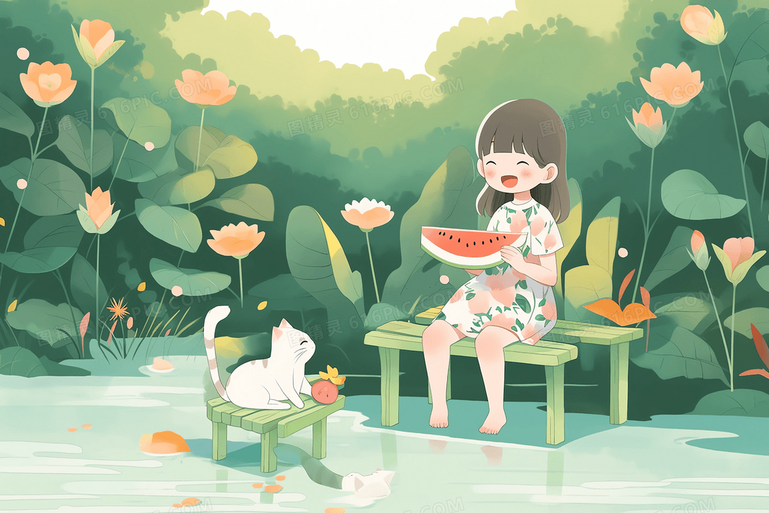 动漫卡通风猫猫和小女孩夏日在池塘边笑着吃西瓜插图