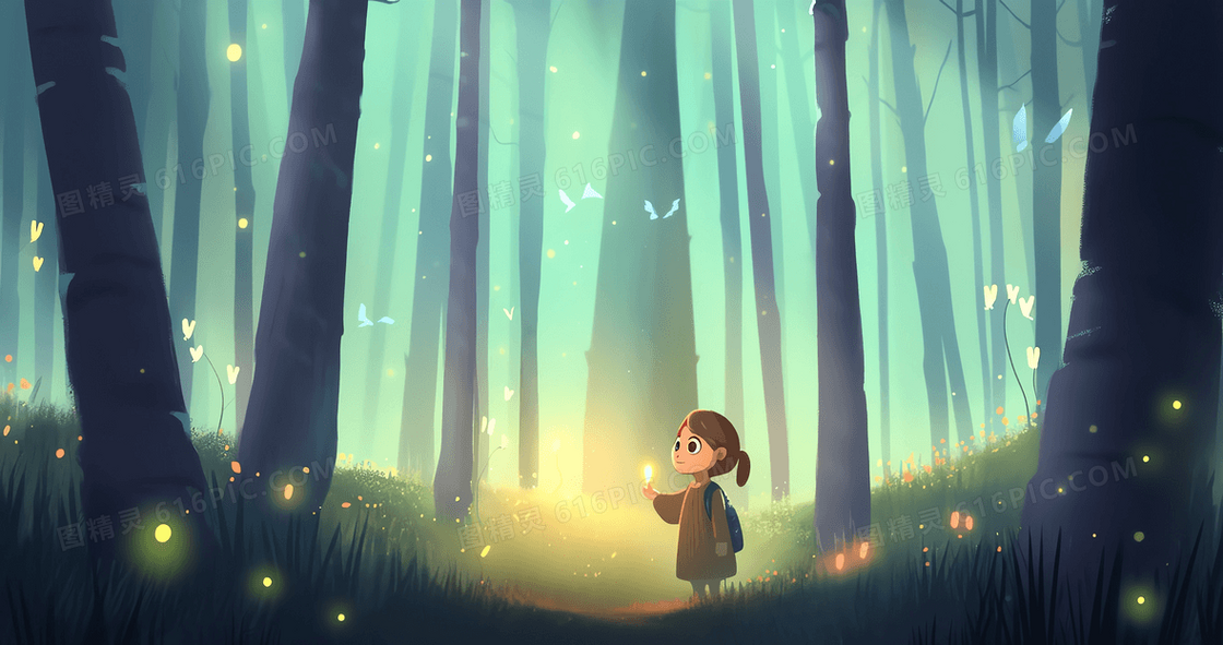 唯美风梦幻森林的可爱女孩背着书包和漫天萤火虫创意插画