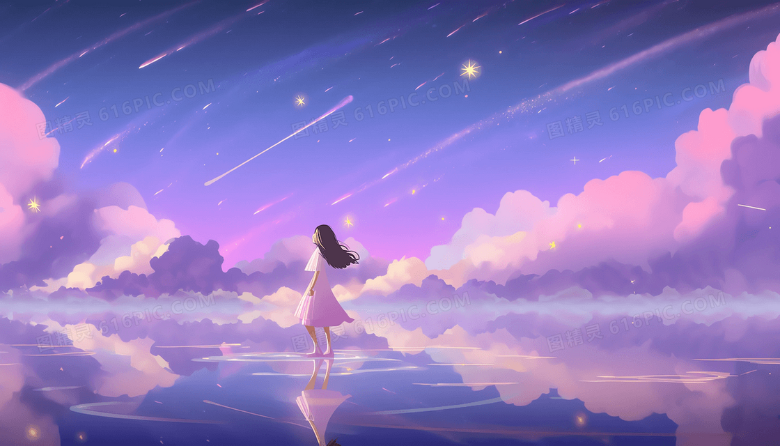 唯美梦幻天空流星云彩湖面上的白衣少女插图