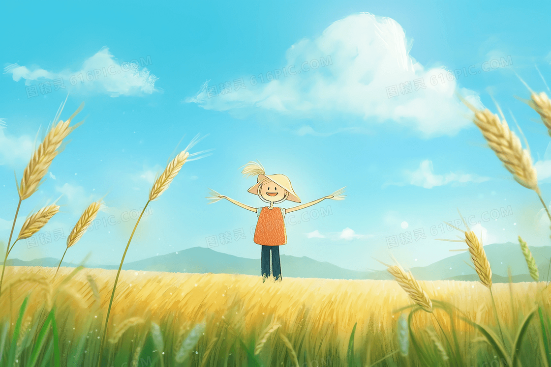 卡通风在麦田里拥抱阳光的稻草人插图