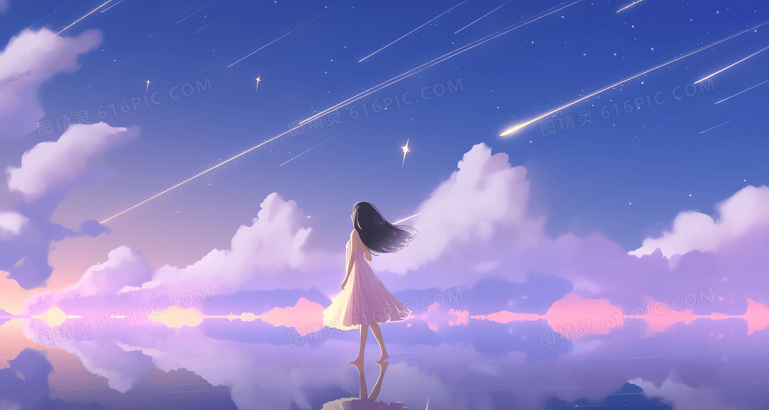 卡通梦幻天空唯美云彩湖面上穿白色连衣裙的少女插图