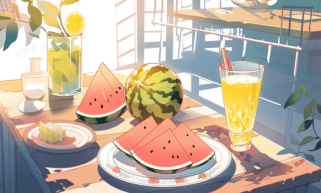 卡通风被切好的西瓜和柠檬汁放在餐桌上插图