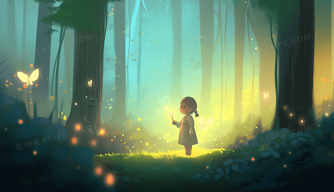 唯美风梦幻森林的可爱女孩被漫天萤火照亮创意插画