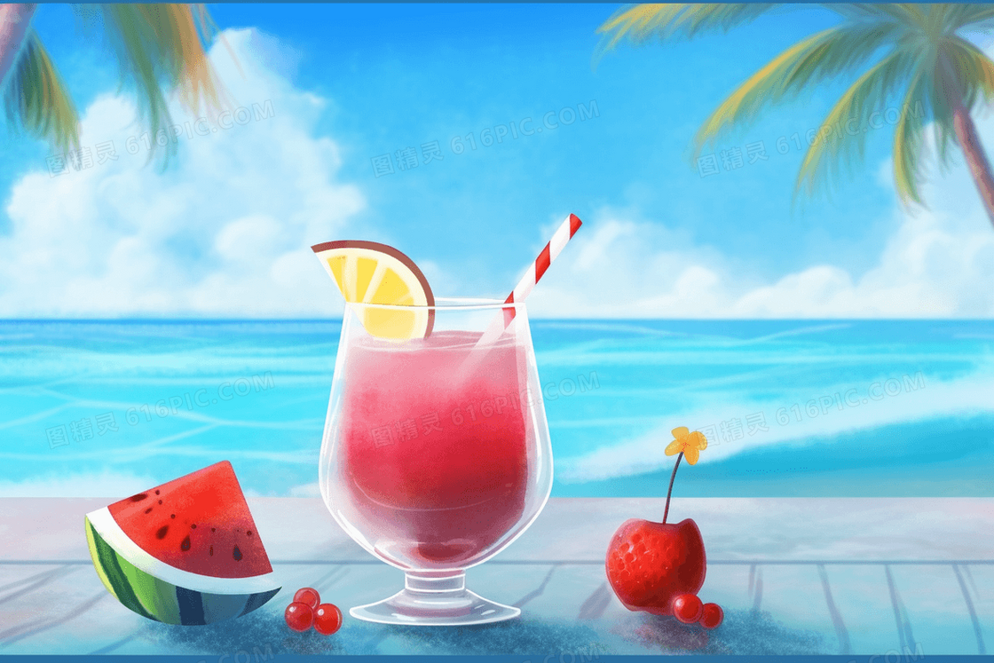 唯美清新夏日海边度假果汁插画