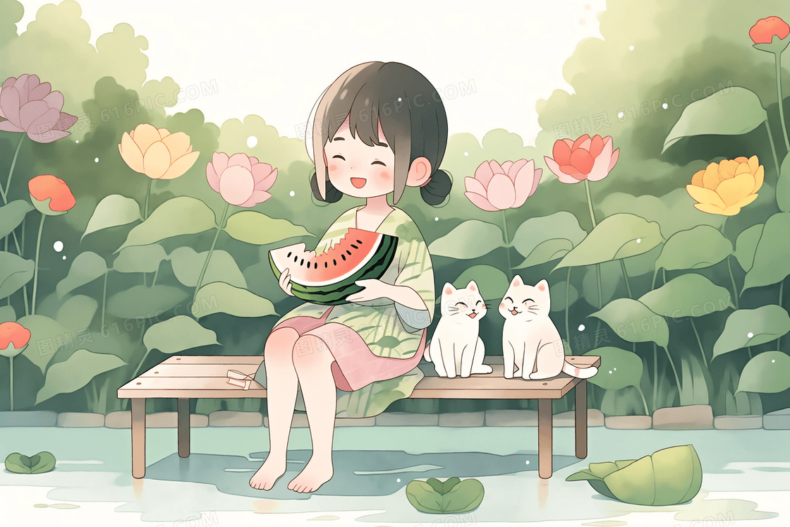 动漫风小女孩抱着一块西瓜和猫猫坐在池塘边插图 
