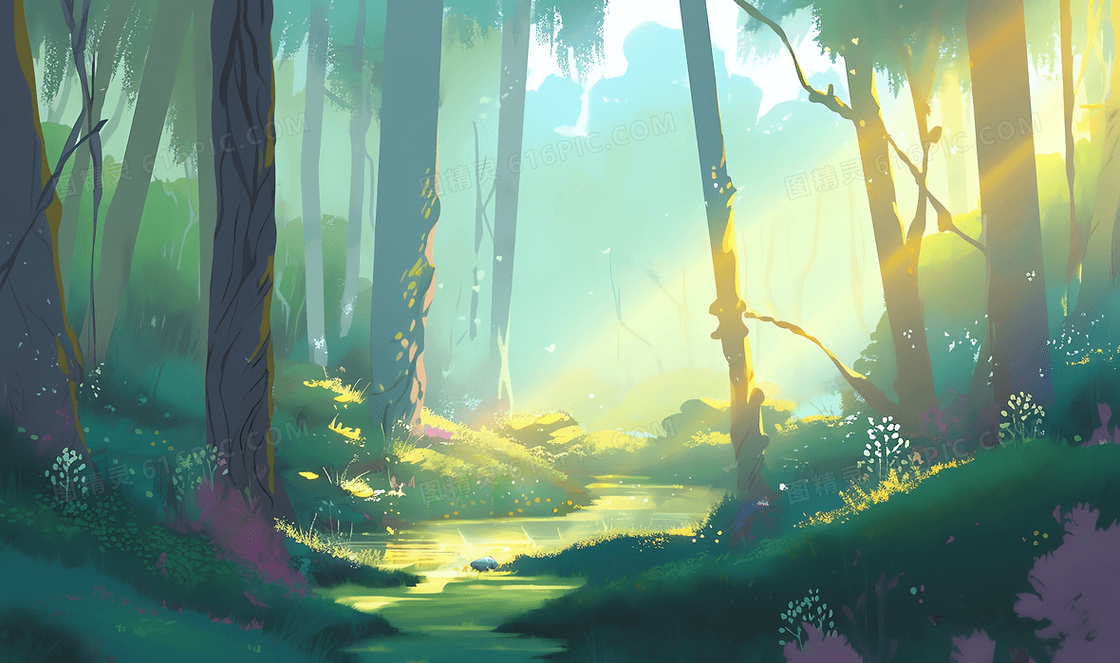 唯美被阳光照耀的梦幻森林中的小溪插图