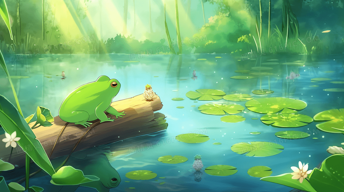 卡通风夏日荷塘坐在树干上看向湖面的青蛙插图