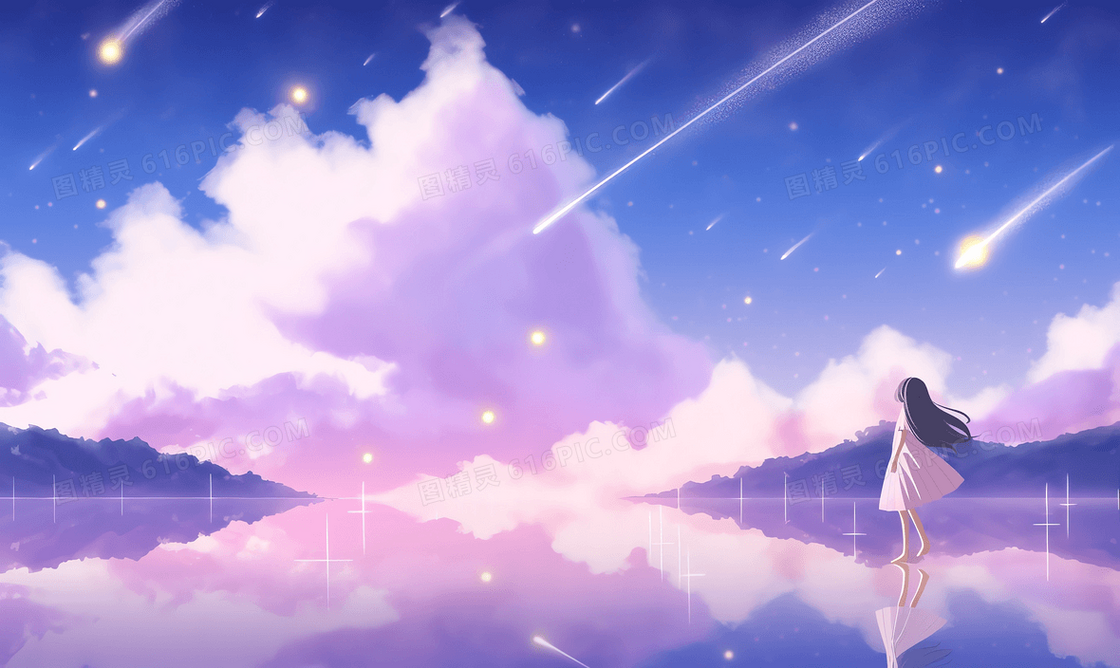唯美梦幻天空云彩湖面上看着流星的少女插图