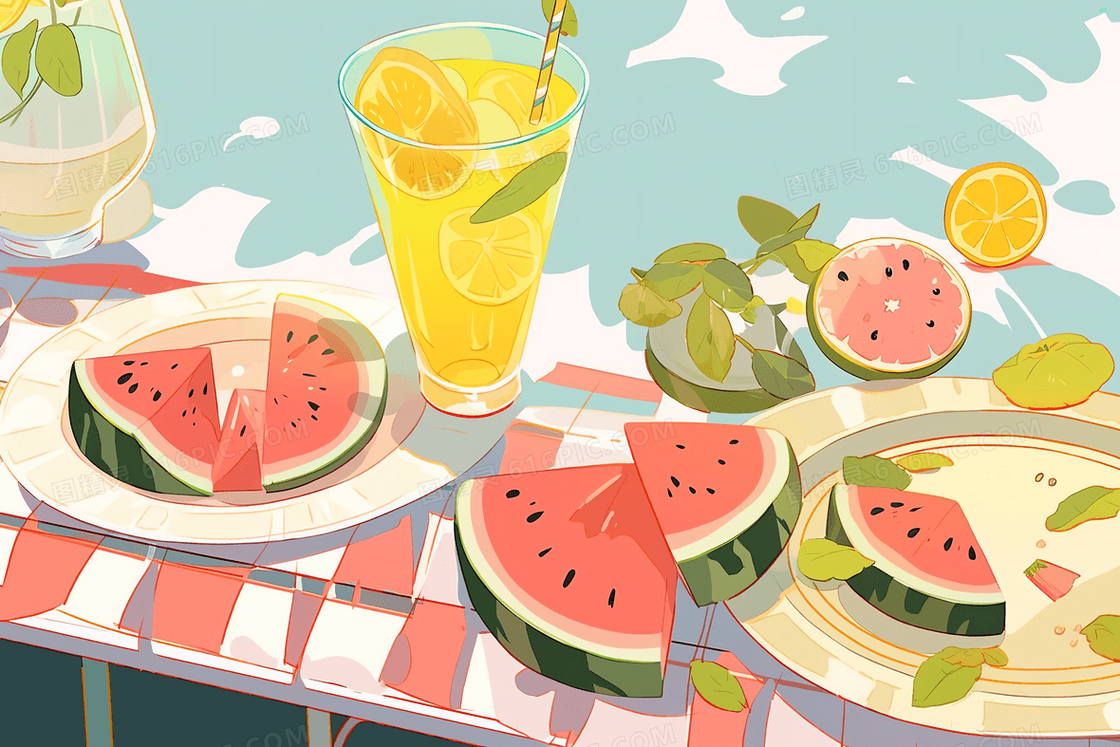 卡通风可爱的桌布上摆放着西瓜与果汁柠檬插图