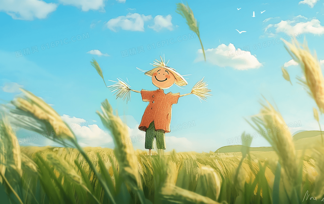 卡通风站在麦田里的拥抱的稻草人插图