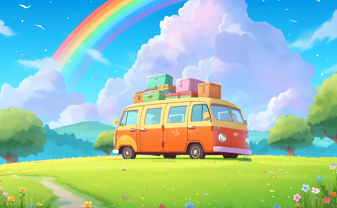 卡通清新汽车载着行李停在彩虹下的草坪上插图